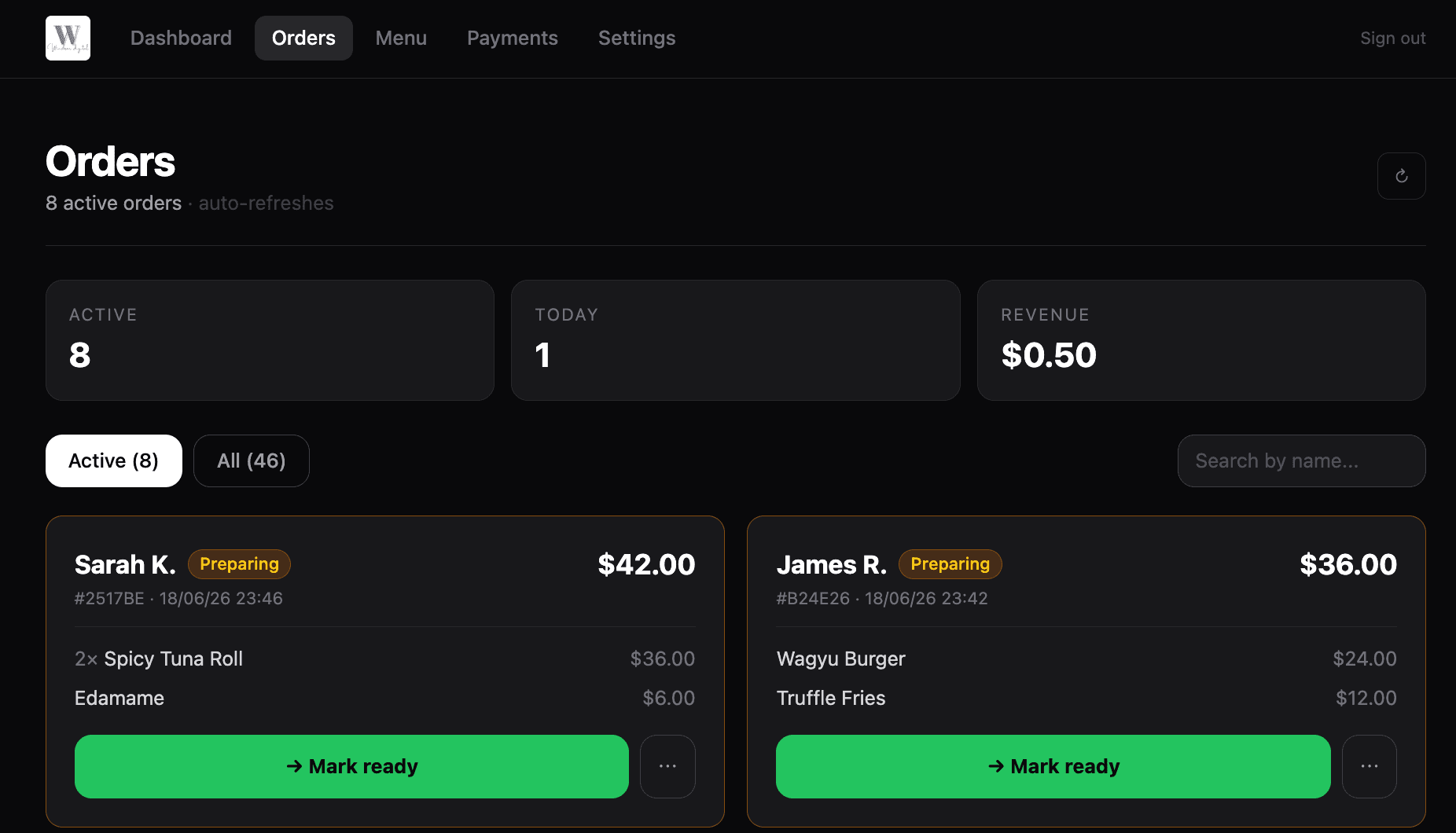 Windsor Digital orders dashboard showing live customer orders as they arrive, with order totals and status controls