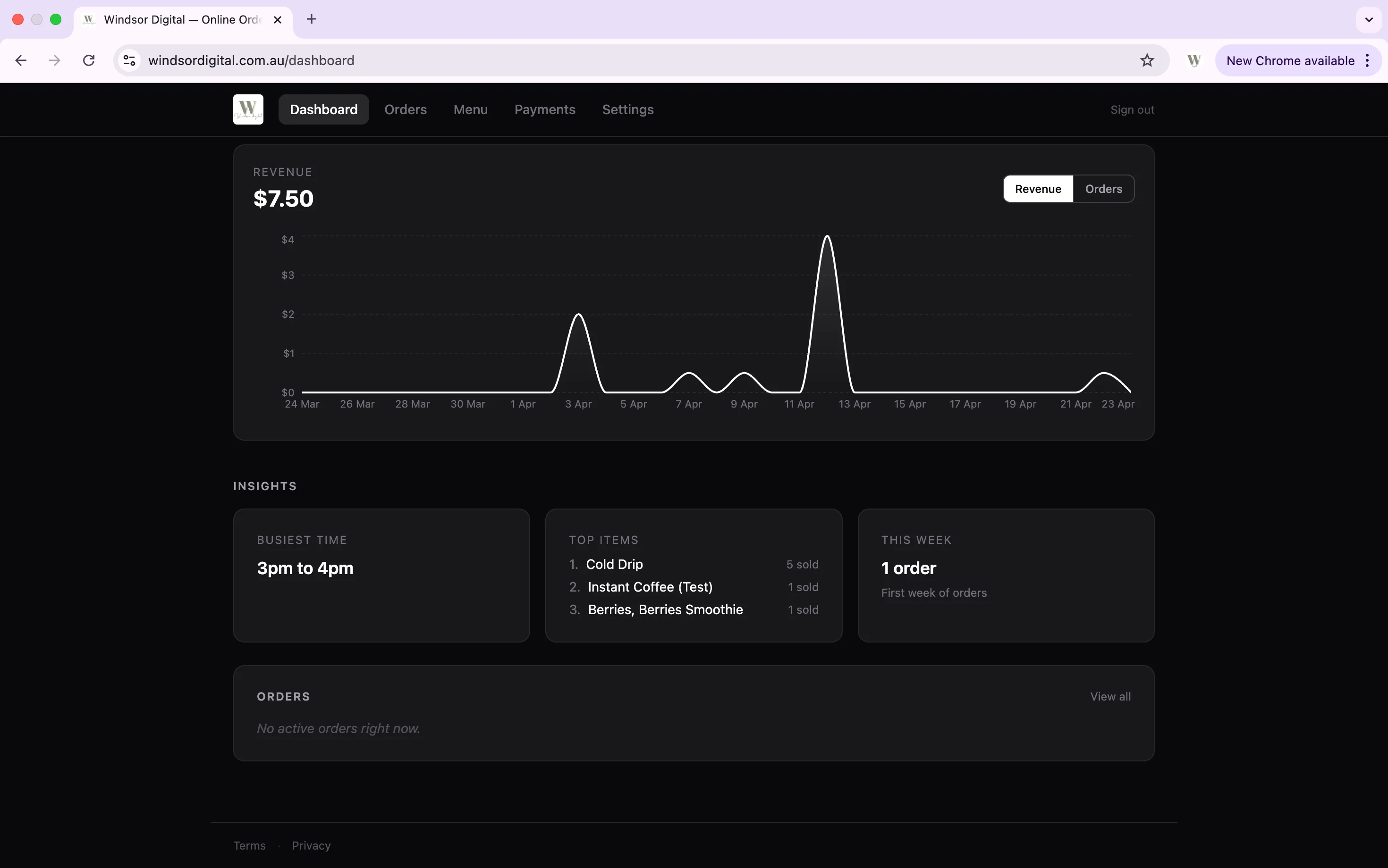 Dashboard insights panel showing busiest time of day, top selling items by category, and weekly order count
