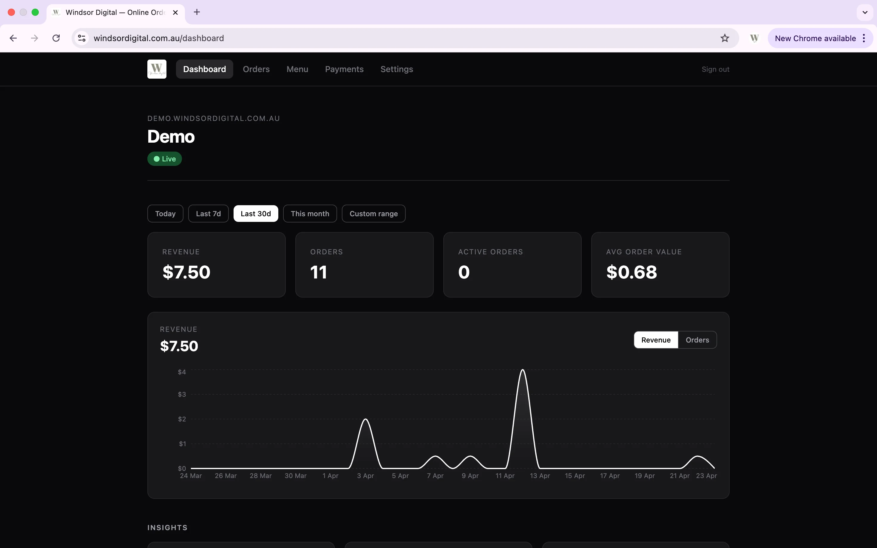 Owner dashboard showing revenue, order counts, average order value and a 30-day revenue chart