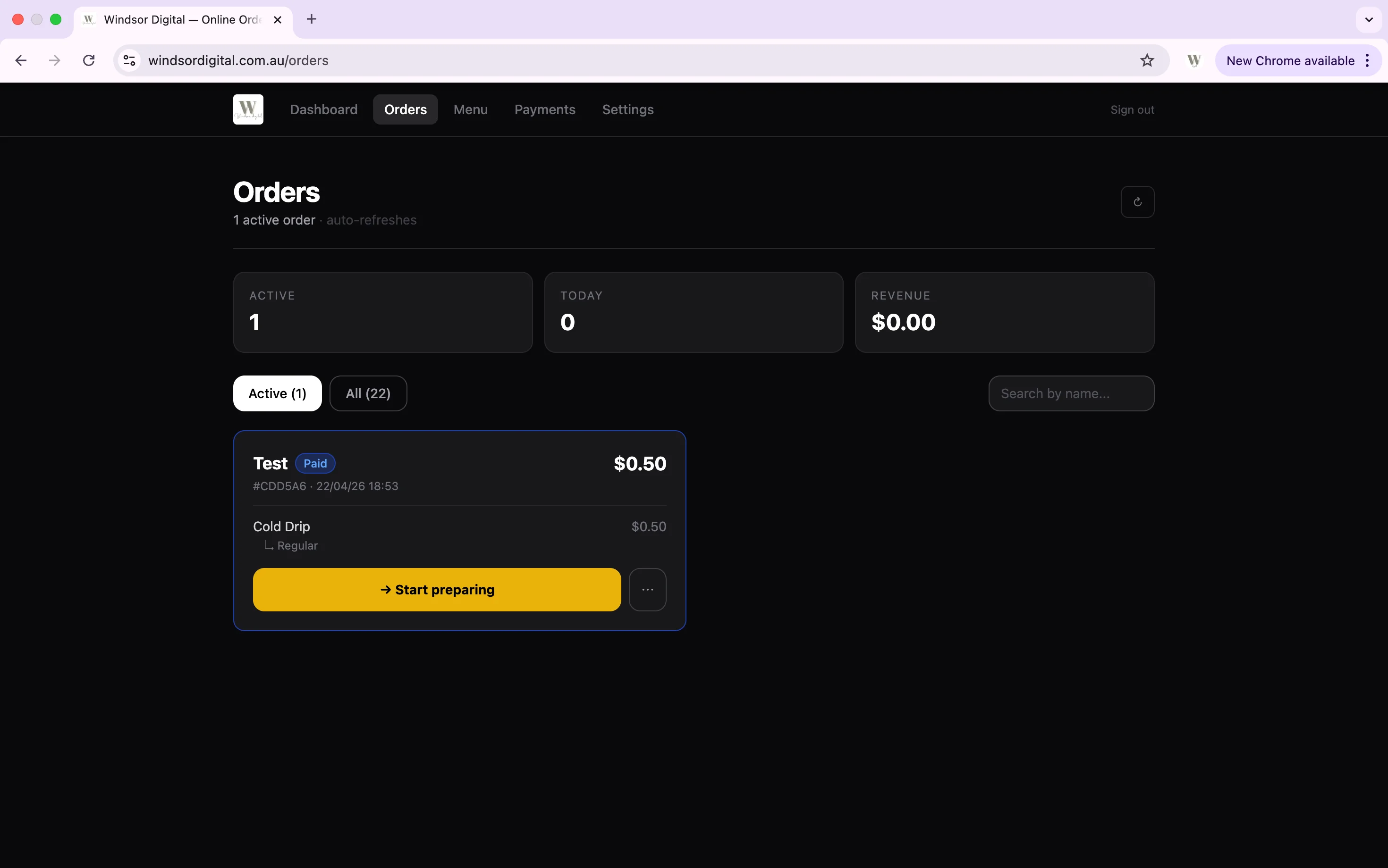Windsor Digital orders dashboard showing a paid customer order ready to be prepared, with active orders count and revenue summary