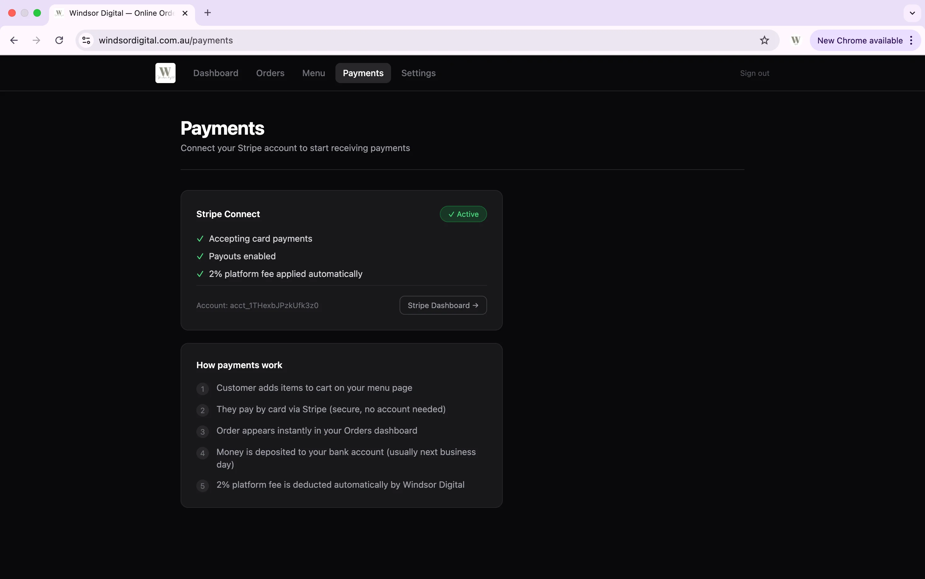 Payments page showing Stripe Connect status as Active, with payouts enabled and 2% platform fee applied automatically