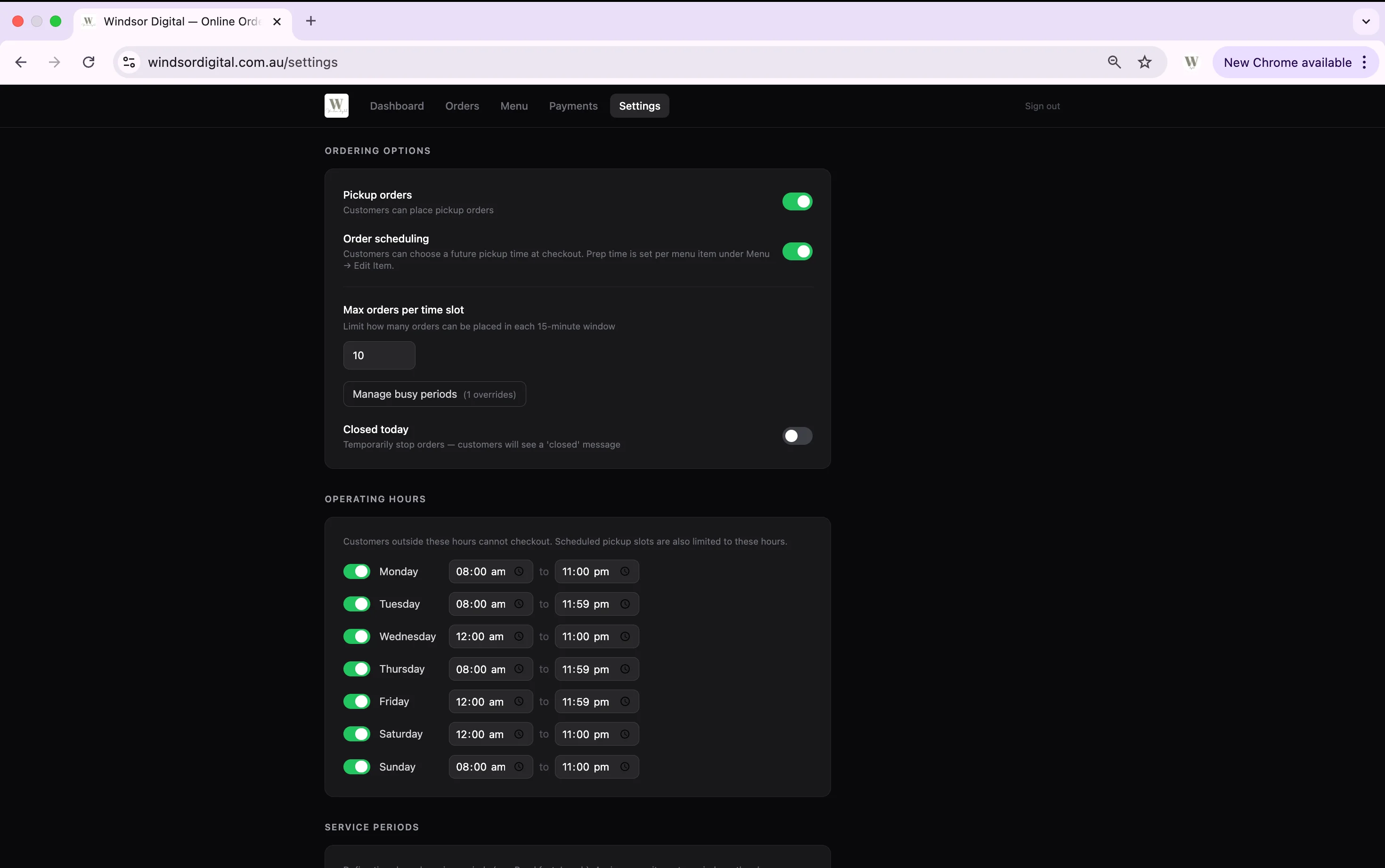 Settings page showing operating hours per weekday with open and close times, plus order scheduling and per-slot order cap controls