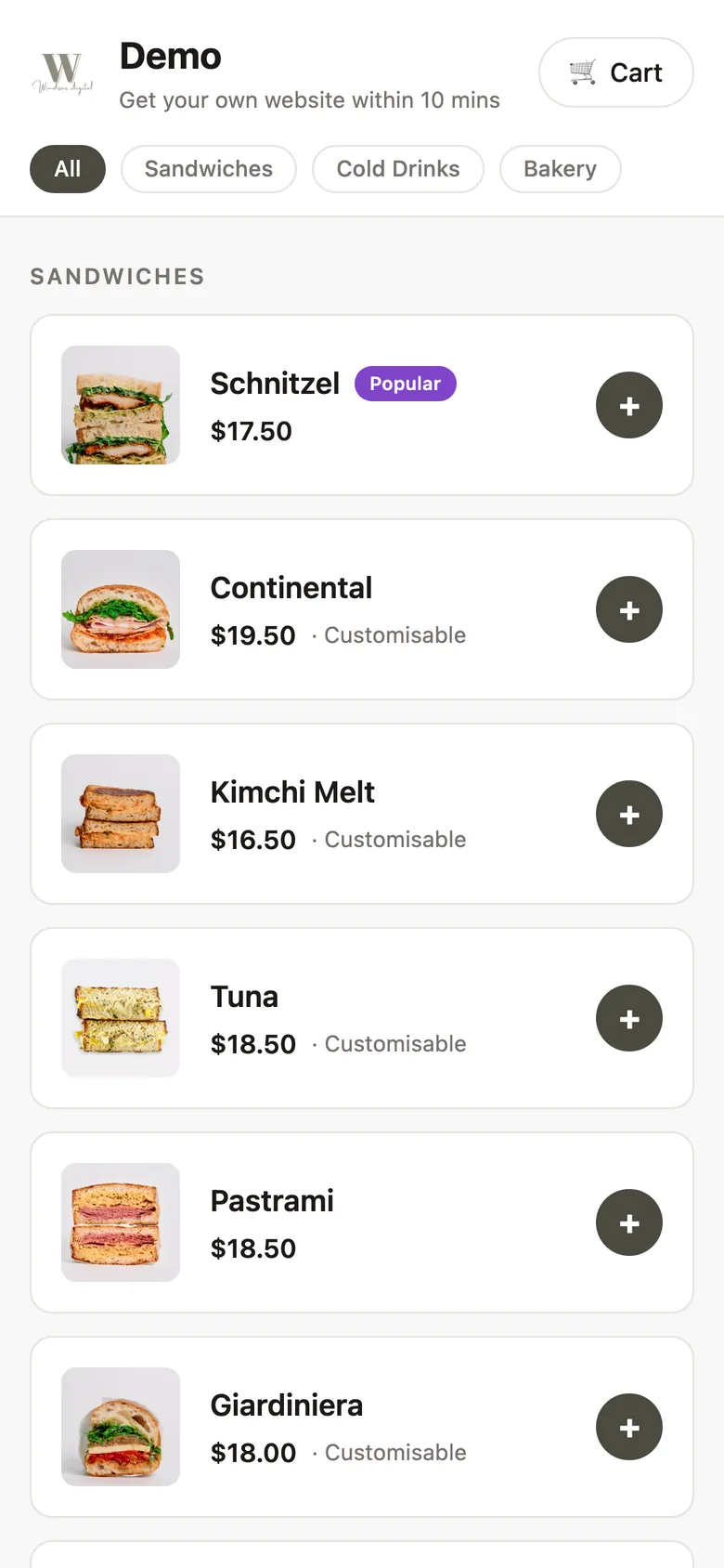 A live Windsor Digital ordering page on a phone, showing a restaurant's menu with photos, prices and add buttons