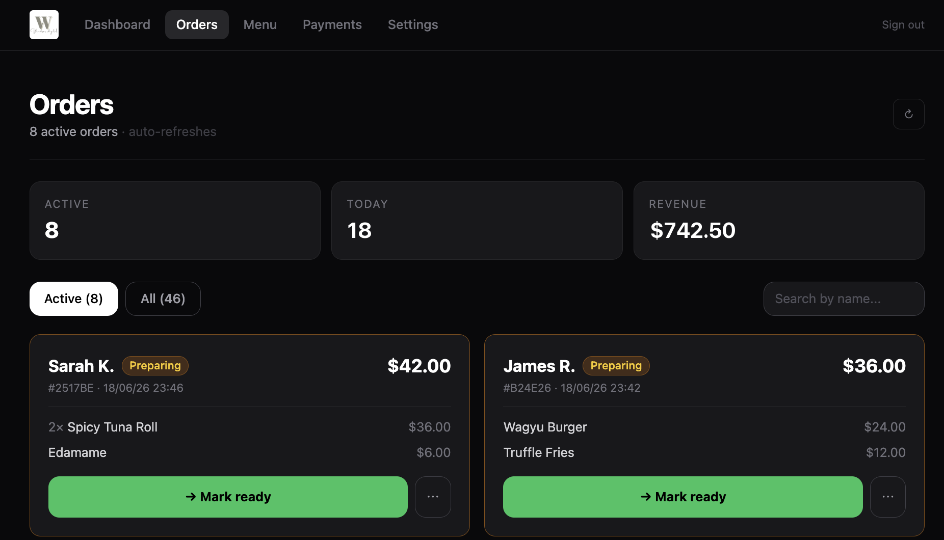 The Windsor Digital orders dashboard showing live paid orders with items, totals and a Mark ready button